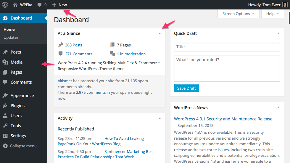 WordPress dashboard back end