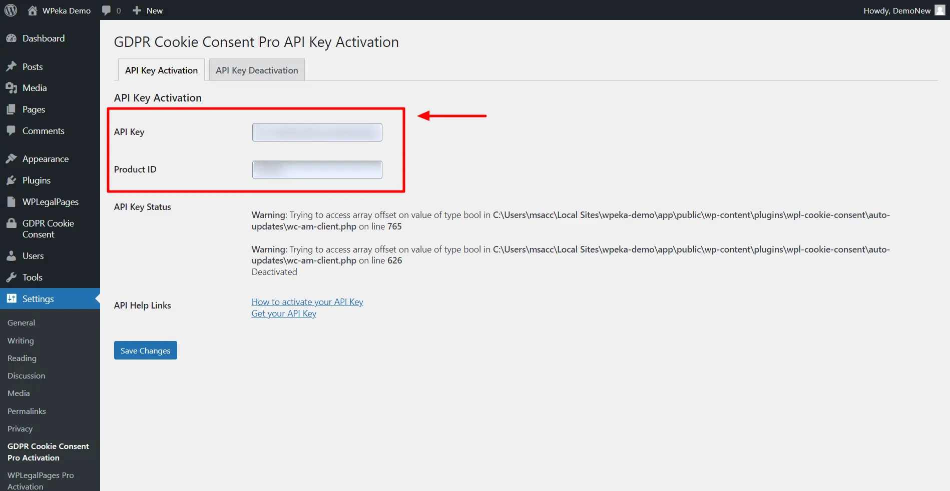 Adding the API key and Product key