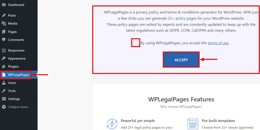 Accept the terms of use of the WPLegalPages plugin