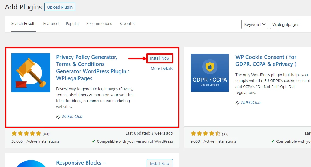 Click on install now to install the WPLegalPages plugin