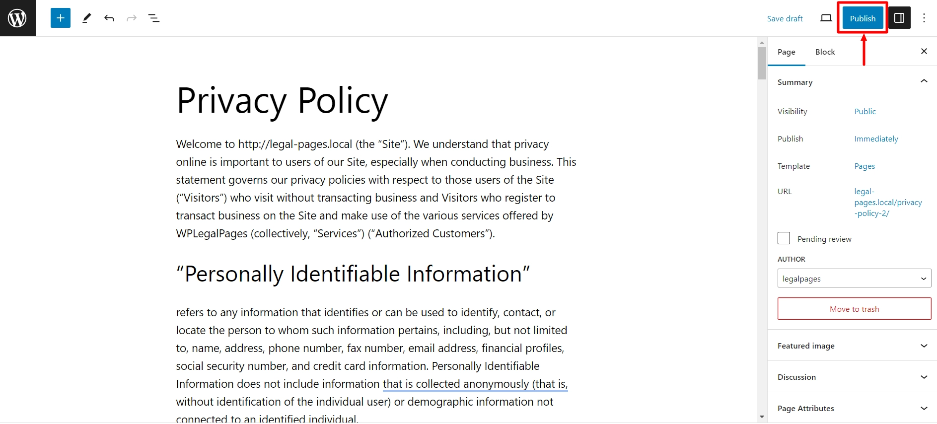 Publish the privacy policy page