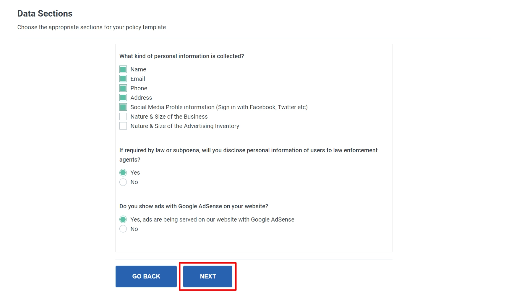 Data sections of the privacy policy page