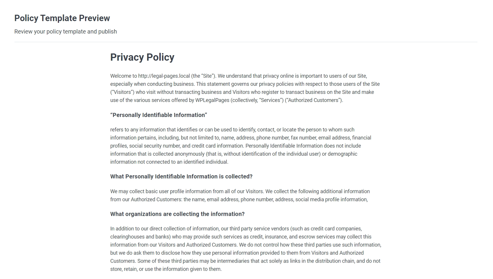 Preview of privacy policy page