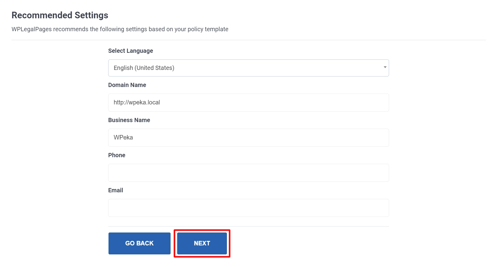 WP Privacy policy legal page settings