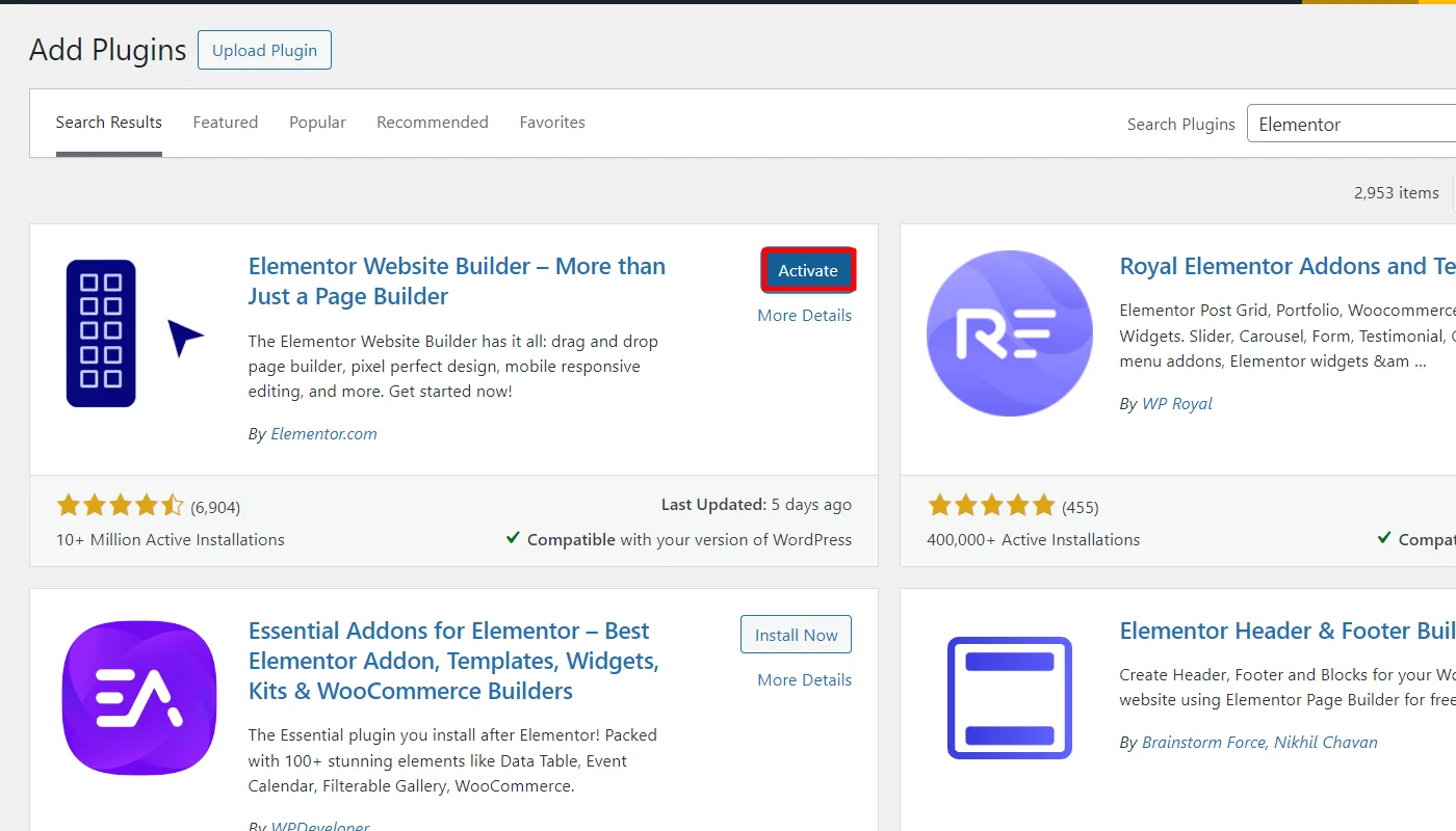 Activating elementor plugin